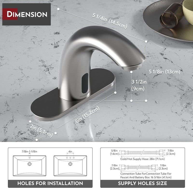 PRIMSOPH Automatic Motion Sensor Hands Free Electronic Infrared Smart Commercial Touchless Bathroom Sink Faucet with Cover Plate Temperature Mixer Battery or Plug-in Powered Brushed Nickel - Image 5